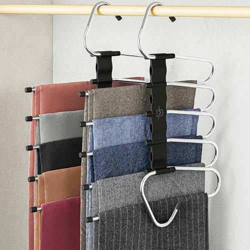 MORALVE Trousers Hangers Space Saving - 2 Pack - Non-Slip Multi-Layer Space Saving Hangers - Multifunctional Clothing Rack for Closet Storage - Ideal for Jeans, Pants, Skirts, Scarves & Slacks (Black)