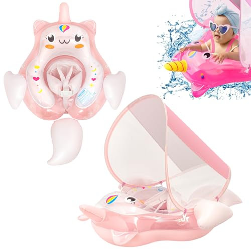 Licorne Rose Pâle Bouee Bebe Avec Pare Soleil Et Siège De Sécurité 3 à 12 Mois,Bouée Gonflable Flotteur De Piscine pour Bébé,Bouée Bébé Piscine, Anneau Flotteur Piscine,Accessoires Piscine pour Enfant
