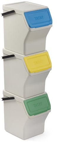 TATAY Poubelles de Recyclage Easy Waste 20L | Set de 3 | Design Modulaire et Empilable | Couvercle à Système Click | Poignée de Transport Intégrée | Fabriqué en Matériau Recyclé | 35x27x36cm - Blanc