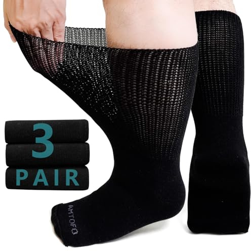 ZFSOCK Calcetines Diabeticos Hombre Mujer Sin Elástico Sin Goma Sin Costuras Algodón Confort Calcetines de Ajuste Holgado Negro 3 Pares 47-50