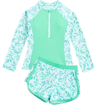 JiAmy Girl Swimsuits with Shorts, Two Piece Girls Swimming Costume,Long Sleeve Kids Swimwear Zip Rash Guard Bathing Suit Light Green 11-12 Years