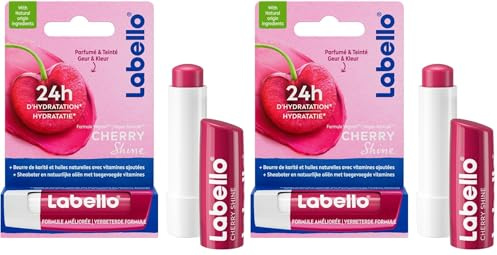 LABELLO Cherry Shine (1 x 5,5 ML), Baume à lèvres enrichi en huiles Naturelles et vitamines E & C, Soin des lèvres Hydratation Longue durée Pendant 24H (Lot de 2)