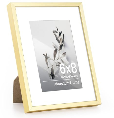 Portarretratos de aluminio dorado de 6 x 8 pulgadas, marco de póster de 6 x 8 pulgadas con soporte para fotos de 4 x 6 pulgadas con vidrio templado real, marco de póster para decoración del hogar y
