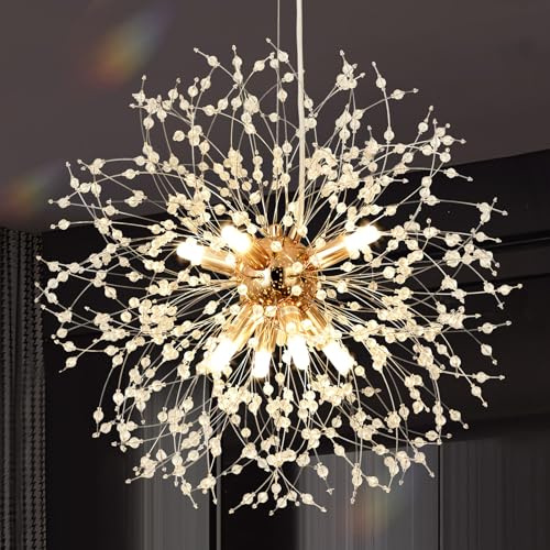 KUNYEEE Lampadari moderni a forma di fuochi d'artificio Lampada a sospensione Dandelion, oro 8 luci G9 Lampadari con cristalli Lampada da salotto, camera da letto, sala da pranzo, ingresso, Φ45 cm