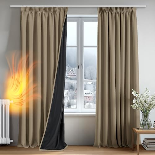 Deconovo Cortinas Salon Opacas 100% con Cinta Fruncidora, Cortinas Térmicas Aislantes Frío y Calor, Cortinas Modernas para Dormitorio con Reverso Negro, 2 Paneles, 140x245 cm, Caqui
