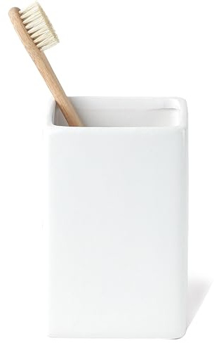 White Ceramic Toothbrush Holder - Square Bathroom Toothbrush Holder, Toothbrush Cup Holder Aesthetic Toothpaste Holder, Modern Family Size Toothbrush Organizer, Bathroom Tumbler Cup