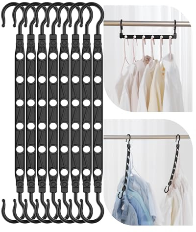 Latoxcaa Space Saving Hangers for Clothes, 8 Pcs Magic Hangers with 6 Holes & 360° Swivel, Wardrobe Organiser Hanger Hooks, Sturdy for Heavy Clothes, Dorm Essentials for Girls, Black