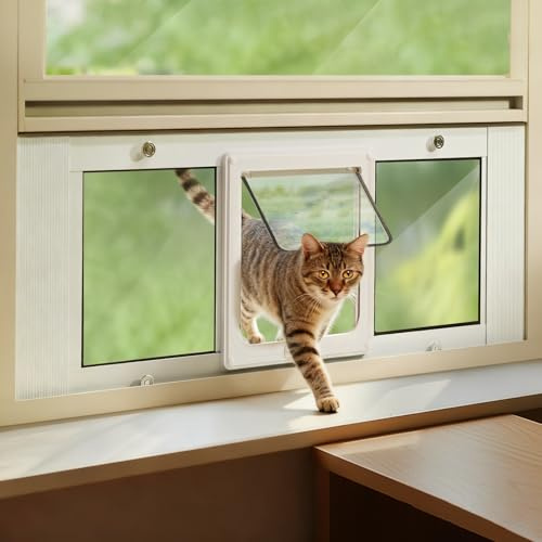 LIBBEPET Cat Door for Window, Aluminum Window Cat Door Insert Fit Windows Width 23-28, Cat Flap for Window with Magnetic Flap Opening 7.8 x 8.3 in, Tool-Free Install, Safety & Weatherproof, Small