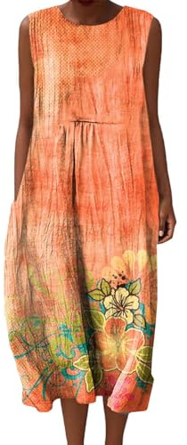 Vestidos de Verano Mujer Largos Boho Playa Sin Mangas Vestido Maxi Casual Holgado Estampado Floral Vacaciones Tallas Grandes con Bolsillos Fluido Elegante Moda