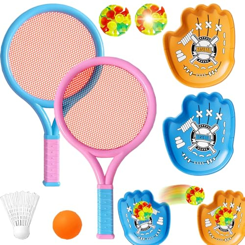 LUKIUP Juego de Raquetas de Tenis de 8 Piezas, Raquetas de Tenis Rosa y Azul, Juego de Pelotas Lanzadas y Atrapadas (Azul Naranja), Pelota de Tenis Brillante, for Outdoor Indoor Sport