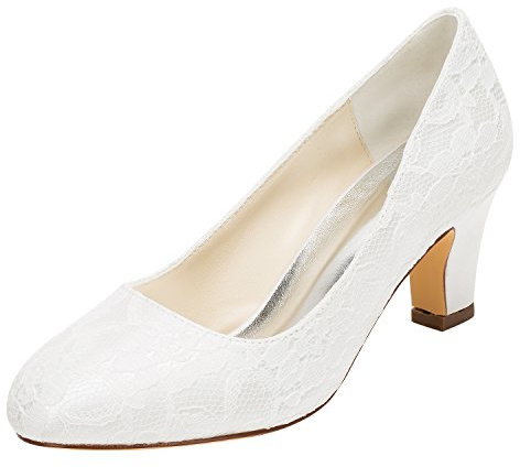 Emily Bridal 1505-1 bröllopsskor för kvinnor stängd tå 6 cm tjock klack spets satin pumps brudskor, Elfenben, 40.5 EU