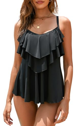 WIN.MAX Costume da Bagno a Due Pezzi Sexy Donna Tankini Canottiera+Pantaloncino da Bagno Costume per Mare, Spiaggia, Piscina, Party, Vacanza (Nero, EU36)