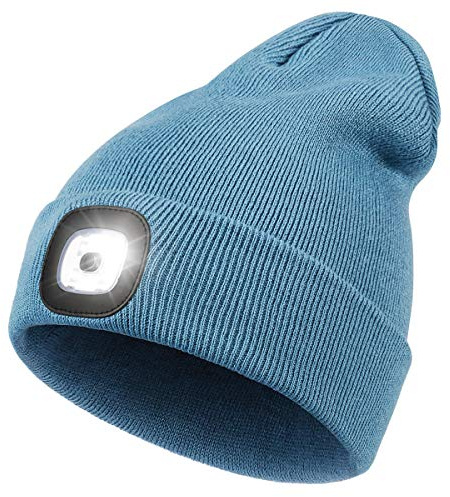 Wmcaps Mütze mit Led Licht, Wiederaufladbare USB Freisprech Stirnlampe Strickmütze Wintermütze Warme Mütze Kappe Scheinwerferkappe zum Camping Joggen Geschenke für Männer Frauen, Blau