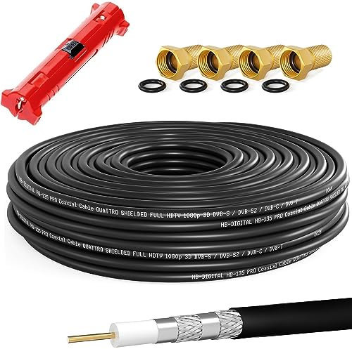 HB-DIGITAL 15m câble coaxial Sat HQ-135dB Pro INCL. Pince à dénuder + 4 fiches F plaquées Or, câble d'antenne Satellite Quadruple blindé, pour systèmes Radio BK DVB-S/S2 DVB-C/C2 DVB-T/T2 Dab+. Noir