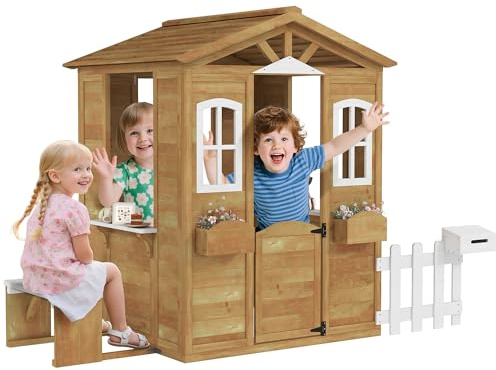 Outsunny Outdoor Playhouse for Kids Wooden Cottage with Working Doors Windows & Mailbox, Pretend Play House for Age 3-6 Years, Natural Wood