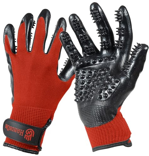 H HANDSON Pet Grooming Gloves - Patented #1 Ranked, Award Winning Shedding, Bathing, & Hair Remover Gloves - Gentle Brush for Cats, Dogs, and Horses (Red, Small)