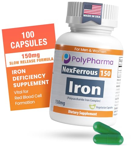 Polysaccharide Iron Complex 150mg for Anemia Support - Prevention & Treatment of Iron Deficiency, Supports Red Blood Cells Formation, Gentle on the Stomach, High Potency, USA-Made, 100 Capsules