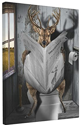 Vantboo Hirsch Lesezeitung in Toilette Leinwanddrucke Wandkunst Gemälde Wohnkultur Kunstwerke Bilder für Wohnzimmer Schlafzimmer Badezimmer Dekoration fertig zum Aufhängen 30,5 x 40,6 cm
