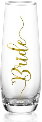 NUPTIO Stemless Champagne Glasses Bride: Bridal Shower Party Prosecco Flutes Tumbler Wedding Gift Clear Gold Embossed