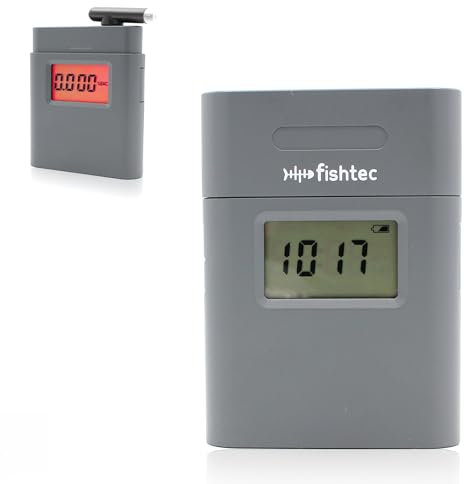 FISHTEC - 2-in-1 Taschenalkoholtester – Zeitanzeige – LCD-Display mit Hintergrundbeleuchtung – Farbanzeige des Alkoholspiegels – 360° drehbarer Auslauf – 4 Mundstücke im Lieferumfang enthalten –