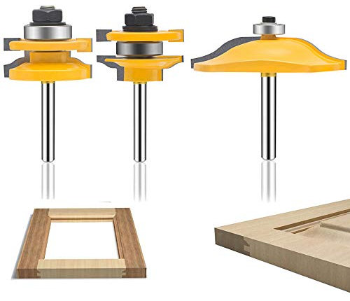 MAYLINE Router Bit Set 1/4 Inch Shank 3 PCS, Tongue Groove Rail Stile Wood Miter Cabinet CNC Cutting Tool for Doors Table Woodwork Milling Groving Cutter Router Bits Sets(DR-04)