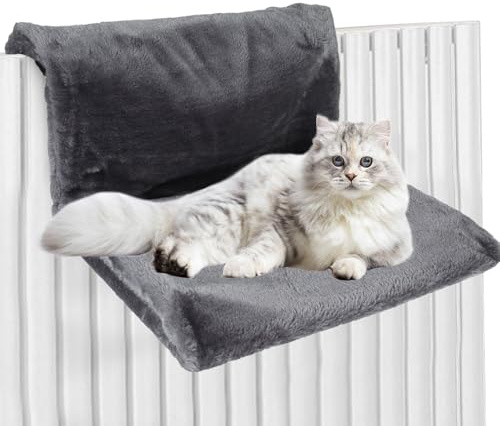 Lit suspendu pour chat avec chauffage - Lit confortable pour radiateur - Tissu peluche - Hamac pour chat - Sac douillet (gris, rectangulaire)
