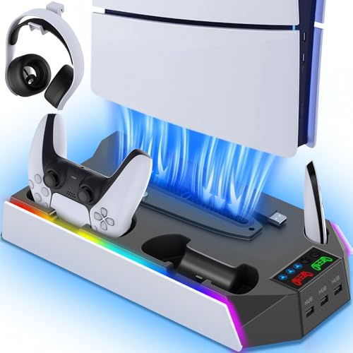 PS5/Slim/Pro Cooling Station Stand RGB with Dual Controller Charging Station for PlayStation 5 Console, PS5 Accessories Incl. Controller Charger, Cooling Fan, Headset Holder, 3 USB Hub-White&Black