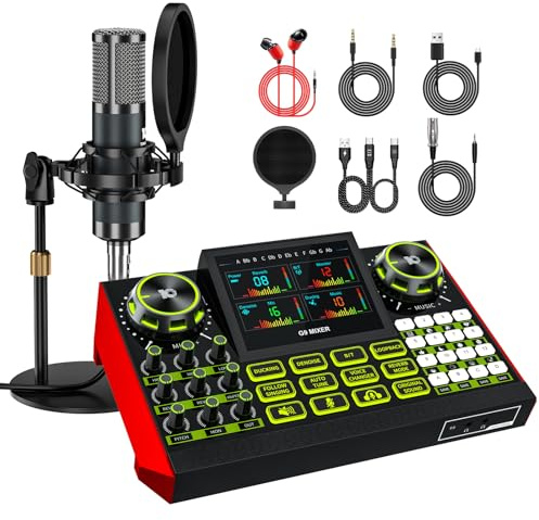 Podcast Microphone Bundle with Live Sound Card Audio Mixer, Podcast Equipment Bundle Sound Board with 3.5mm Condenser Microphone(P15) for Pc/Phone Live Streaming Singing Gaming,Voice Changer, Denoise