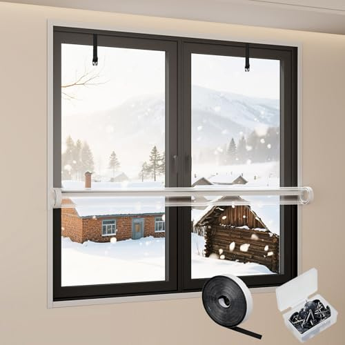 Película Aislante para Ventanas Invierno, Cortina Película Transparente y Gruesa, Autoadhesiva y Reutilizable, Kits de Aislamiento Resistente A La Intemperie para Hogar y Oficina(White,W95xH220cm)