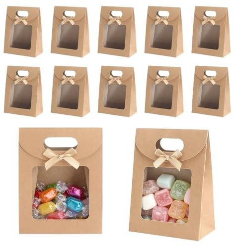 GZRXIOUS 12 Pezzi Sacchetti Regalo con Finestra, Sacchetti in Carta Kraft con Finestra Trasparente e Fondo Piatto, Buste Regalo con Finestras per Biscotti Cioccolatini Dolci Regali