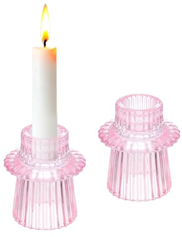 sourcing map 2 portavelas de cristal cónico, 1.6 pulgadas, vintage, acanalado, candelabro pequeño para centros de mesa de boda, fiestas, decoración del hogar, color rosa