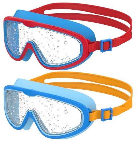 Seaflar 2 Pcs Kinder Schwimmbrille mit Großrahmen, Klare Sicht Anti-Beschlag Taucherbrille, UV-Schutz, Schnellverstellung, Silikon-Dichtring, Unisex Schwimmbrille für Kinder & Jugendliche von 3-14