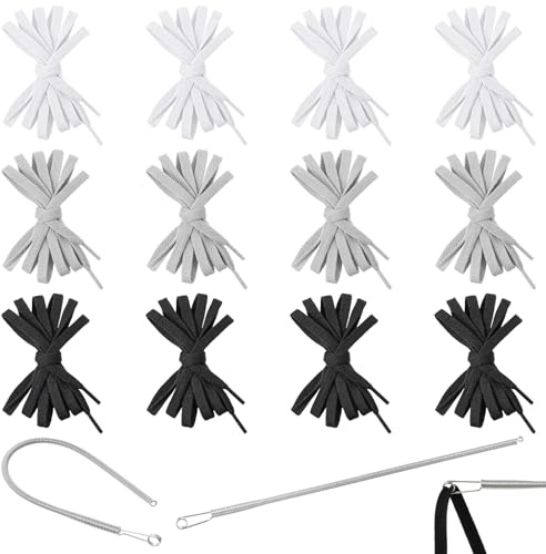 12 PCS Drawstring Cord Replacement, 55 Hoodie Flat String Replacement with Threader Tool for Sweatpants Hoodies Shorts Jackets Pants Trunks, (Black White Gray)