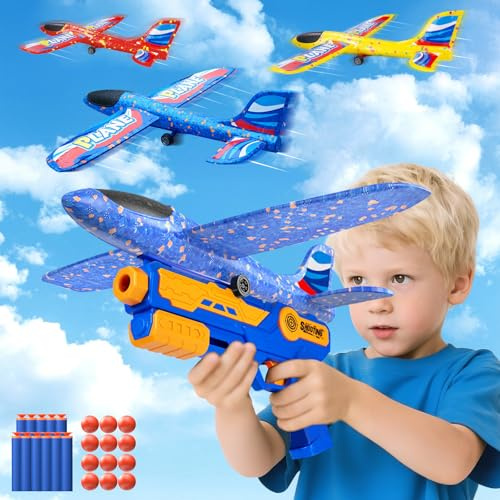 Avion Planeur en Polystyrène avec Pistolet Catapulte - 3 Avions Jouets Volants pour Enfants 3-10 Ans, Jeux de Lancer Extérieur Cadeau Anniversaire Garçon Fille
