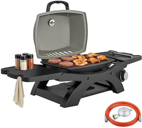 Outsunny Gasgrill 3,3 KW bärbar bordsgrill med 1 brännare fällbart sidobord, gjutjärn, grillgaller, avtagbart fettuppsamlingsbricka, termometer krok, bordsgasgrill, BBQ grill för trädgård, balkong