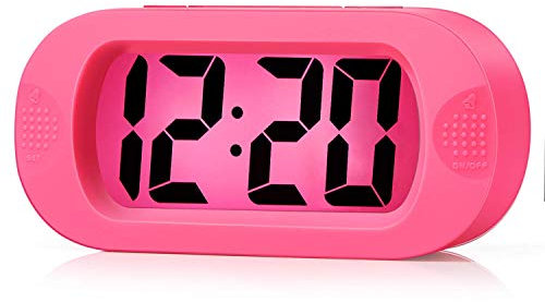 Plumeet Einfach Einzustellen, Großer Digitaler LCD-Reisewecker, Mit Schlummermodus und Nachtlicht, Ansteigendem Soundalarm & Handgerät-Größe, Kinder (Rosa)