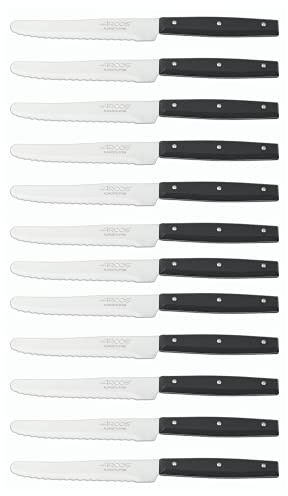 Arcos Serie Cuchillos de Mesa Caja 12 uds Cuchillo Postre, Hoja Serrada de Acero Inoxidable NITRUM de 110 mm, Mango de Nylon Color negro (12 UDS)