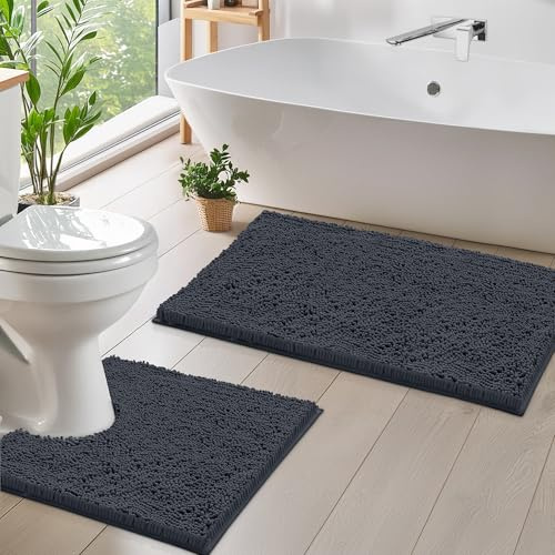 LuxUrux Luxury Chenille (2-Piece) Bath Mat Set, Soft Plush Anti-Slip Rug + Toilet Mat.1'' Microfiber Shaggy Carpet, Super Absorbent (Charcoal, 80 x 50 cm + U Shaped 50 x 50 cm)