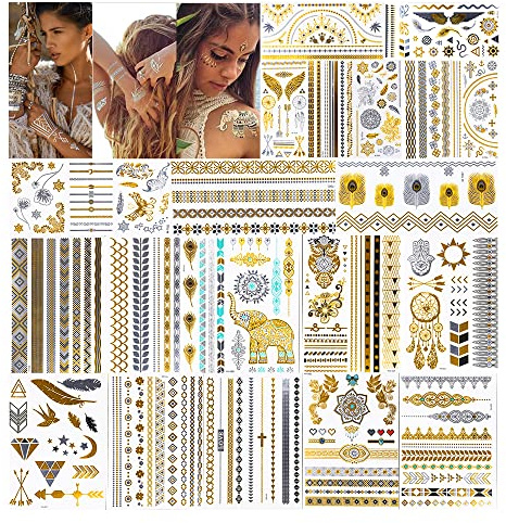 URAQT Tatuering Vattentät, Metallic Temporär Transfer Tattoos, 200 Designer Guld Silver Gef Lättare Smycke Body Art Sticker Art för Ungdomar M Nner Kvinnor Barn 20 Blad
