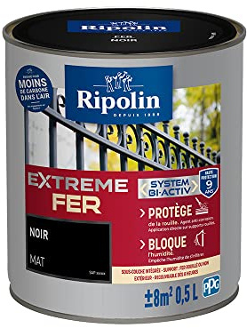RIPOLIN - Peinture pour Fer Extérieur - Glycéro Antirouille - Sous-couche intégrée - Application directe sur Rouille - Résistante aux Intempéries, UV et Chocs - Mat - 0,5L - Noir