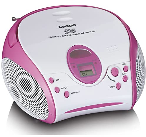 Lenco SCD-24 Kids - CD-Player für Kinder - CD-Radio - mit Aufklebern - Boombox - UKW Radiotuner - Titel Speicher - 2 x 1,5 W RMS-Leistung - Netz- und Batteriebetrieb - Rosa