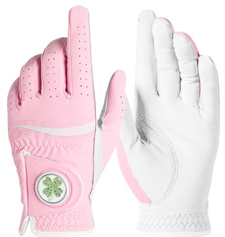 Womens Golf Glove with Clover Ball Marker 1 Pack, All Weather Grip Microfiber & Leather Gloves for Ladies, Comfortable Breathable Fit for Left Hand or Right Hand in White Pink (Pink, Small, Left)