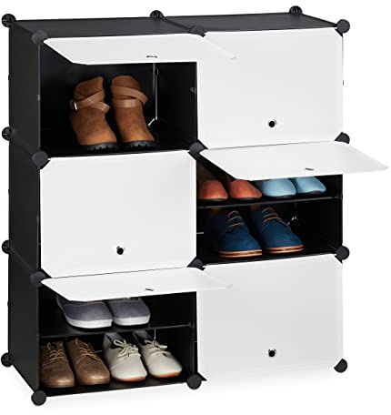 Relaxdays Mueble Zapatero Modular, Organizador Zapatos con Puertas, Estantería Cubo 12 Cajones, Plástico, Blanco y Negro