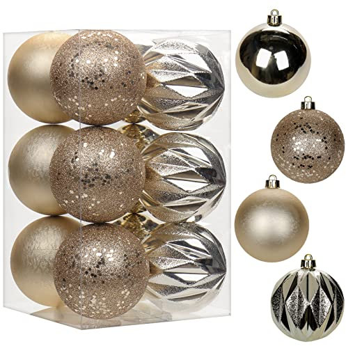12 pcs Christmas Baubles Xmas Ball Ornaments with Strings, 80mm/3.1 Champagne Gold Shatterproof Plastic Hanging Decorations, Christmas Tree Pendants for Home Party Wedding Holiday