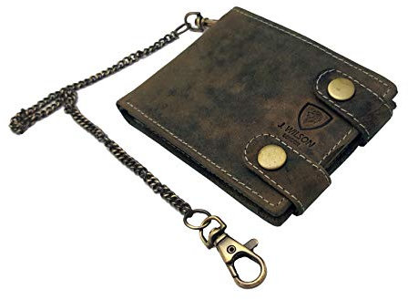 J. Wilson London Designer Genuine Leather Biker's Wallet Motorbike Vintage Distressed Long Detachable Metal Chain to Hang (Distressed Brown)