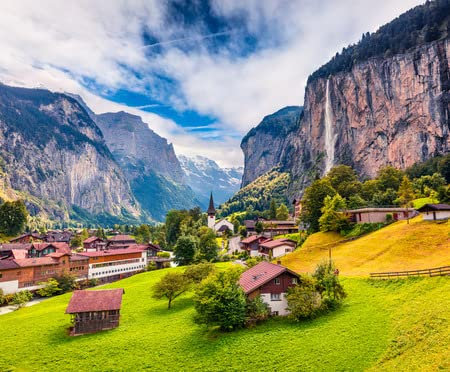 93257854 Tableau acrylique 90 x 70 cm : vue estivale sur la grande cascade dans le village de la fontaine d'Lauterrier. Magnifique scène d'extérieur dans les Alpes suisses, Berner Obe (93257854)