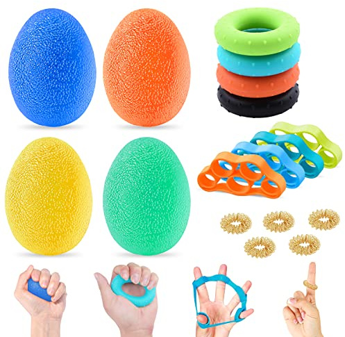 GZLCEU Juego de 12 ejercitadores de manos, 6 x 4,3 cm, bolas de agarre en forma de huevo, pelota antiestrés con 5 anillos de masaje de dedos para fortalecer la mano y los dedos, alivio de presión