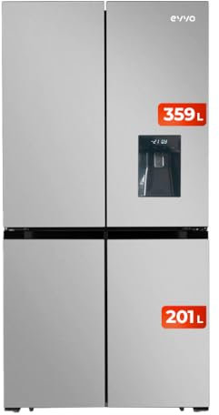 EVVO Frigorífico Americano 4 Puertas, Total No Frost, Compresor Inverter, Capacidad frigorífico 359L y 201L Nevera, Dispensador de Agua, Elegante Display Integrado, Modelo: F100X Aqua (Acabado Inox)
