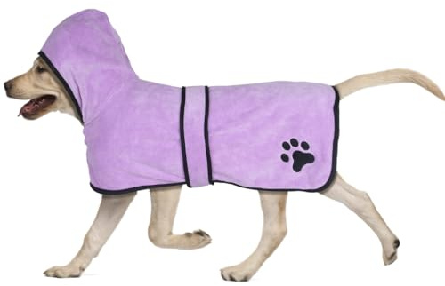 COMFPET Pet Bathrobe, per cani e gatti di tutte le razze, Accappatoio per cani per il dopo bagno, accappatoio cane, accappatoio con cappuccio per cani taglia, asciugamano assorbente, XL (viola)