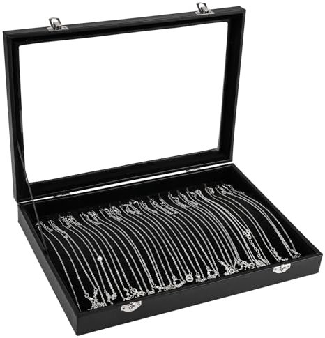 20 Hook Jewellery Organiser, Velvet Necklace Stand with Clear Lid, Lockable Dustproof Display Storage Insert, 13.58L x 9.52W